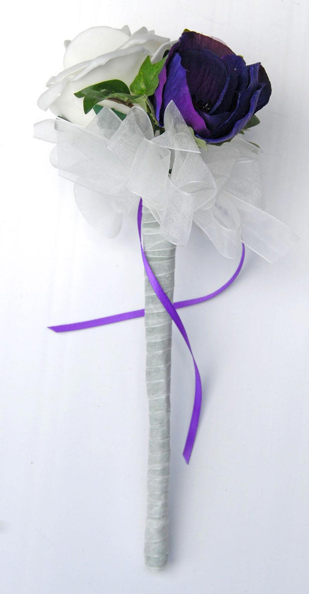 Purple Silk Anemone & Rose Bridesmaids Flower Girl Wedding Wand