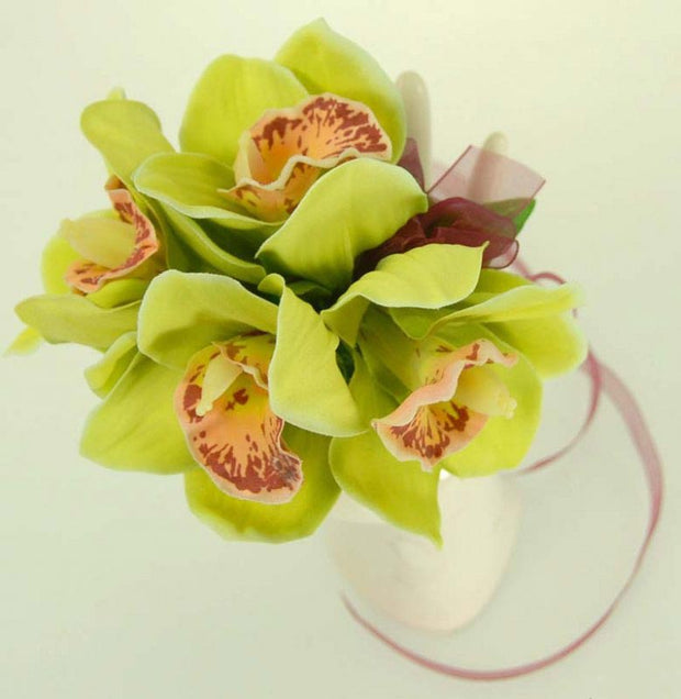 Green Silk Orchid & Burgundy Ribbon Wedding Day Wrist Corsage