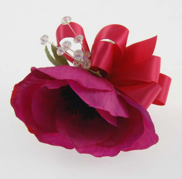 Cerise Pink Silk Anemone & Crystal Wedding Guest Buttonhole