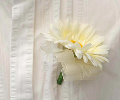 Ivory Silk Gerbera Wedding Guest Buttonhole with Ivory Organza