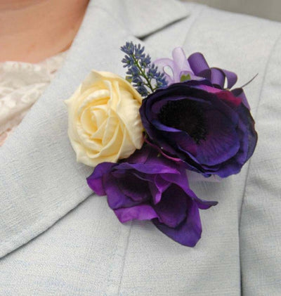 Purple Lisianthus, Anemone & Cream Rose Wedding Pin Corsage