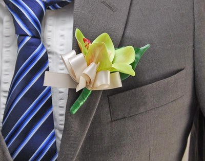Green Silk Orchid & Satin Bow Wedding Guest Buttonhole