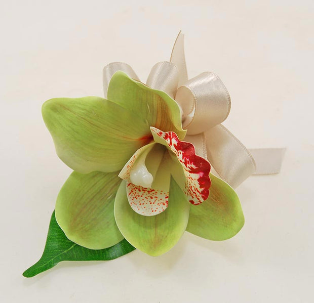 Green Silk Orchid & Satin Bow Wedding Guest Buttonhole