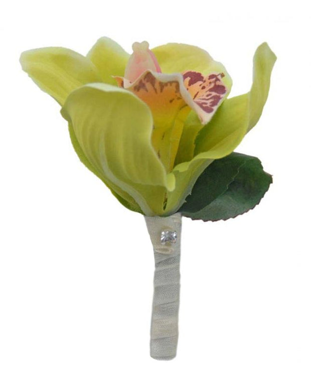 Green Silk Orchid Wedding Buttonhole with Glass Diamante