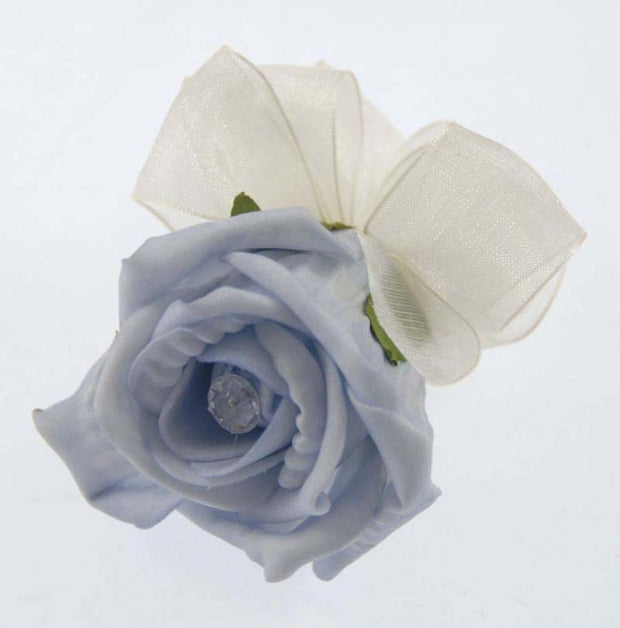 Light Blue Diamante Foam Rose Wedding Guest Buttonhole
