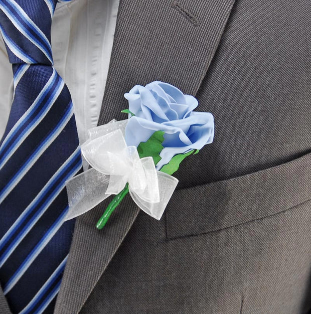 Light Blue Diamante Foam Rose Wedding Guest Buttonhole