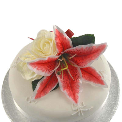 Cerise Silk Stargazer Lily & Ivory Rose Wedding Cake Topper