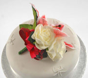 Cerise Silk Stargazer Lily & Ivory Rose Wedding Cake Topper