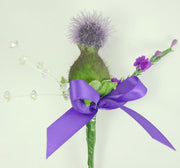 Thistle, Heather, Crystal & Purple Bow Wedding Guest Buttonhole