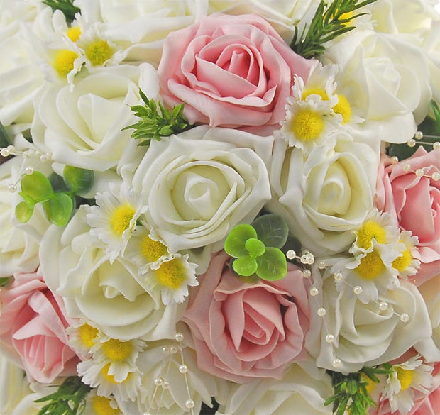 Ivory & Pink Rose Silk Daisy, Pearl Bridal Wedding Bouquet