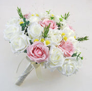 Ivory & Pink Rose Silk Daisy, Pearl Bridal Wedding Bouquet