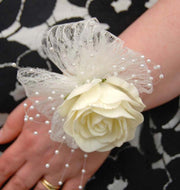 Vintage Style Ivory Rose, Pearl & Lace Wedding Wrist Corsage