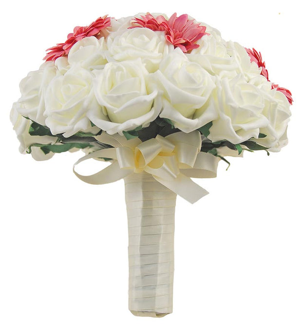 Brides Dusky Pink Silk Gerbera & Ivory Rose Wedding Bouquet