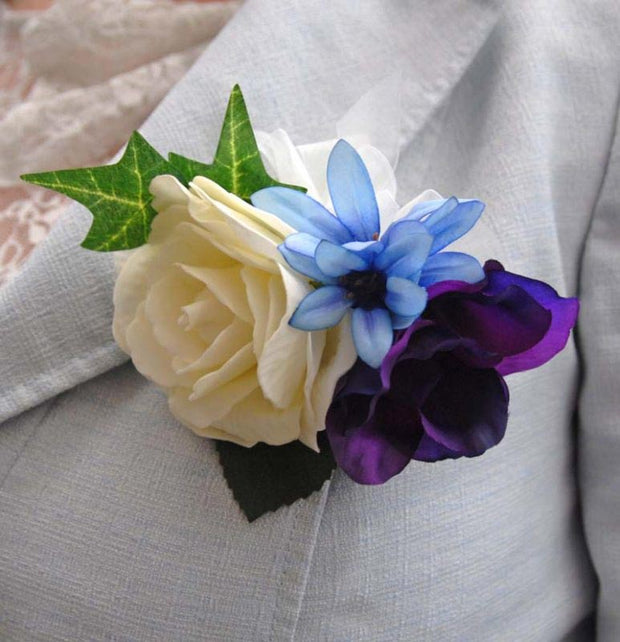 Ivory Rose, Blue Agapanthus & Purple Lisianthus Wedding Pin Corsage