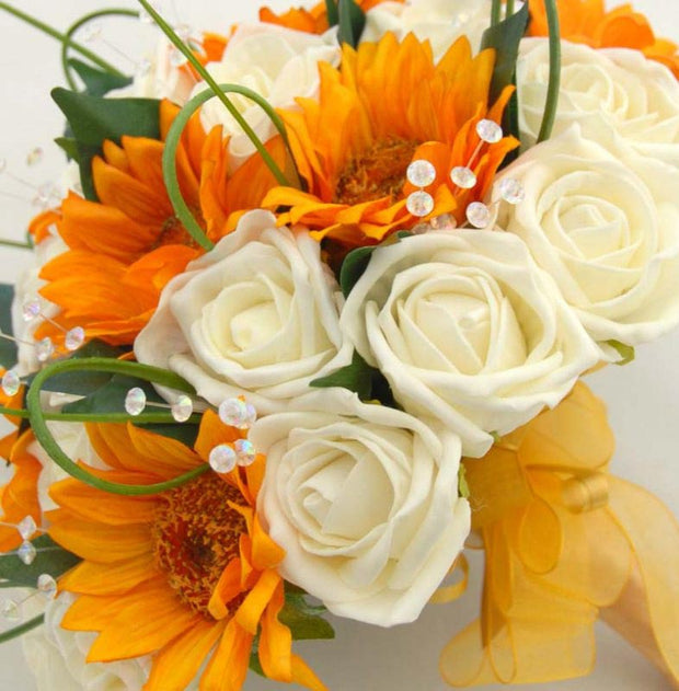 Brides Golden Silk Sunflower & Ivory Rose Crystal Wedding Bouquet