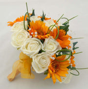 Brides Golden Silk Sunflower & Ivory Rose Crystal Wedding Bouquet