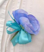 Light Blue Silk Anemone & Turquoise Bow Wedding Guest Buttonhole