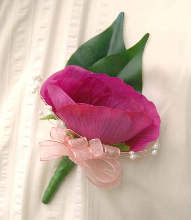Cerise Pink Silk Anemone & Pearl Loop Wedding Buttonhole
