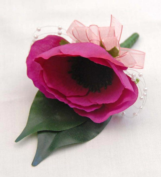 Cerise Pink Silk Anemone & Pearl Loop Wedding Buttonhole