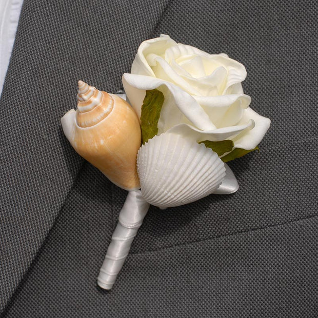 Seashell & Ivory Rose Wedding Guest Buttonhole