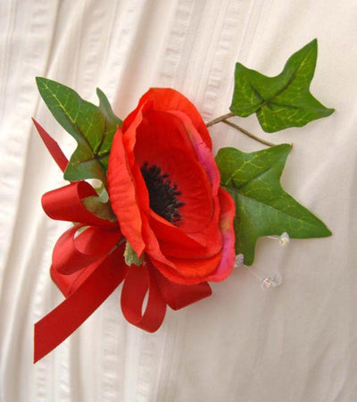 Red Silk Anemone, Crystal & Ivy Leaf Wedding Buttonhole