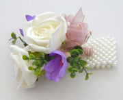 Lilac Silk Freesia & Ivory Rose Pearl Band Wrist Corsage