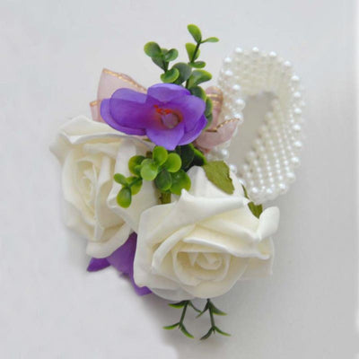 Lilac Silk Freesia & Ivory Rose Pearl Band Wrist Corsage