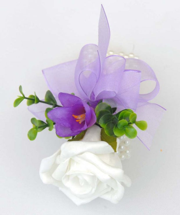 Silk Purple Freesia & White Rose Pearl Band Wrist Corsage
