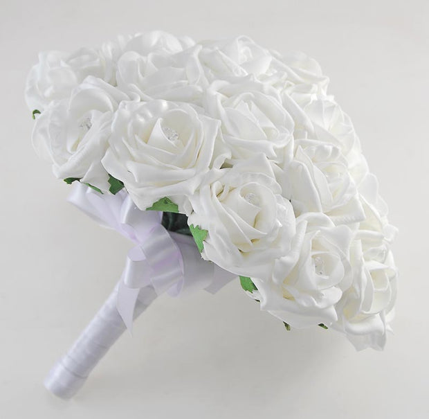 Brides White Diamante Foam Rose Wedding Posy Bouquet