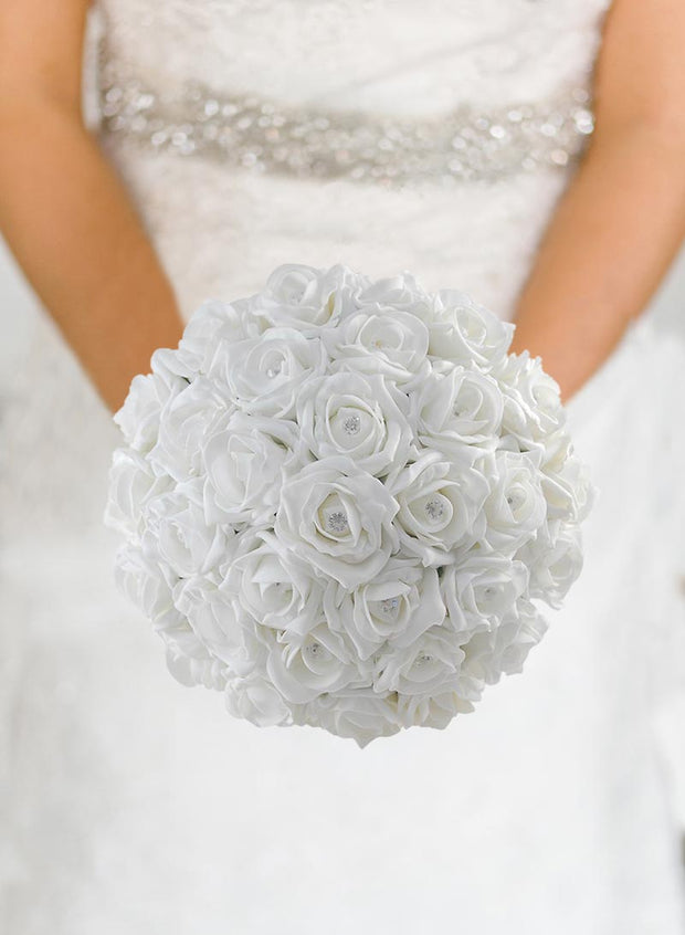 Brides White Diamante Foam Rose Wedding Posy Bouquet