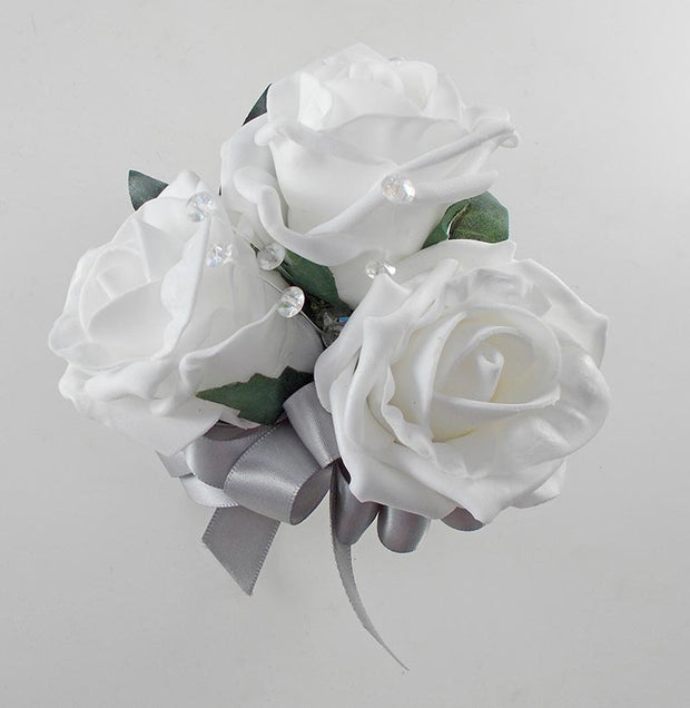 White Foam Rose, Crystal & Silver Bow Wedding Day Pin on Corsage