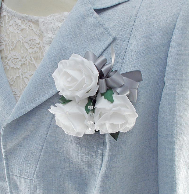 White Foam Rose, Crystal & Silver Bow Wedding Day Pin on Corsage