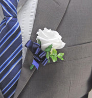White Rose, Eucalyptus & Navy Blue Ribbon Bow Guest Buttonhole