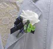 White Rose, Eucalyptus & Navy Blue Ribbon Bow Guest Buttonhole