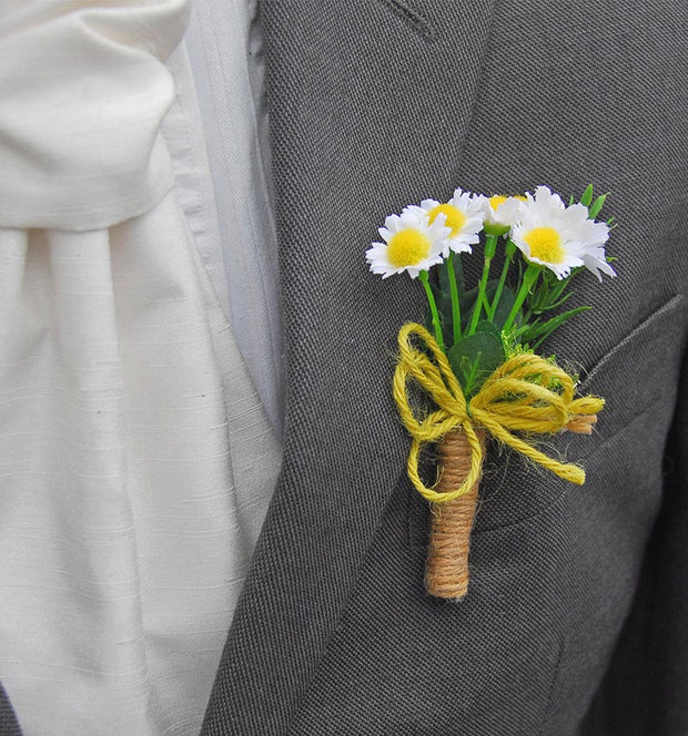 White & Yellow Silk Daisy Grooms Wedding Day Buttonhole