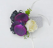 Purple Silk Orchid, Black Bow & Ivory Rose Wrist Corsage