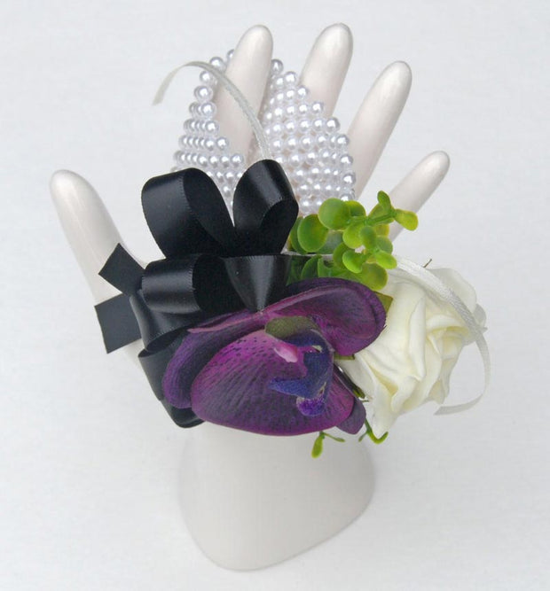 Purple Silk Orchid, Black Bow & Ivory Rose Wrist Corsage