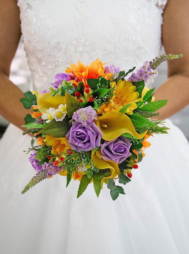 Brides Yellow Calla Lily, Silk Gerbera, Lilac Veronica & Berry Wedding Bouquet