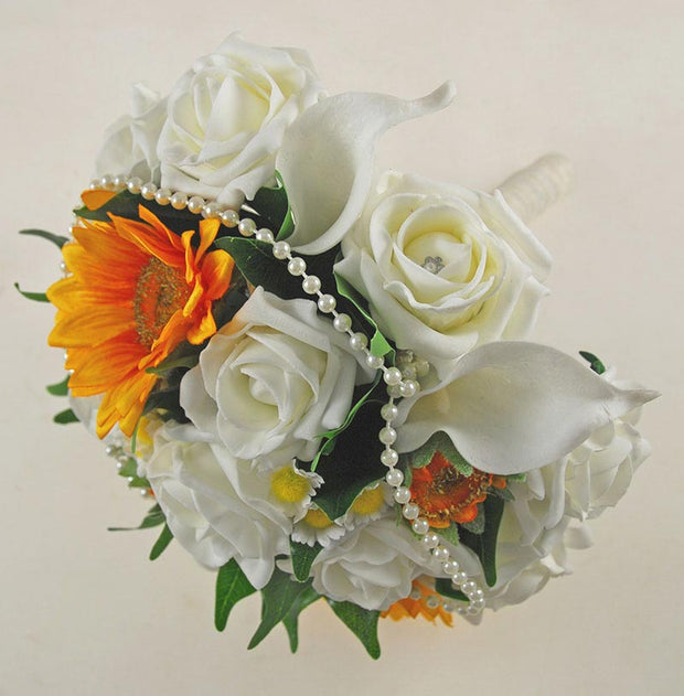 Bridesmaids Golden Sunflower, Rose Daisy & Pearl Wedding Bouquet