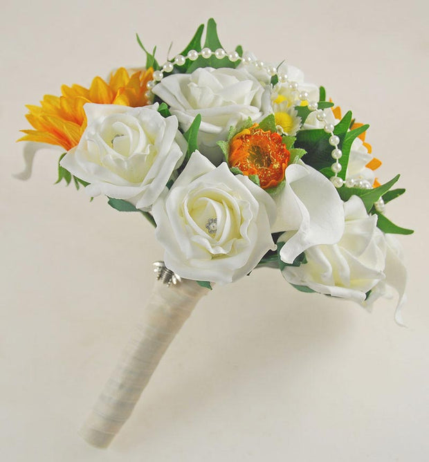 Bridesmaids Golden Sunflower, Rose Daisy & Pearl Wedding Bouquet