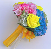 Bridesmaids Yellow Rose, Pink, Green & Blue Silk Hydrangea Wedding Posy