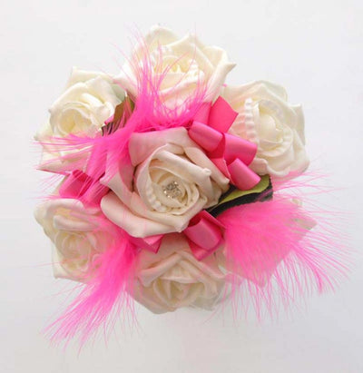 Ivory Diamante Rose & Cerise Feather Flower Girls Wedding Posy
