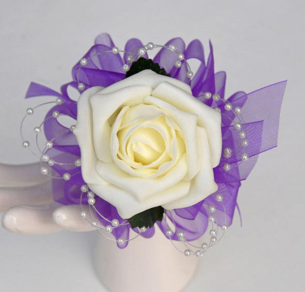 Ivory Rose, Pearl Loop & Purple Organza Ribbon Flower Girl Wand