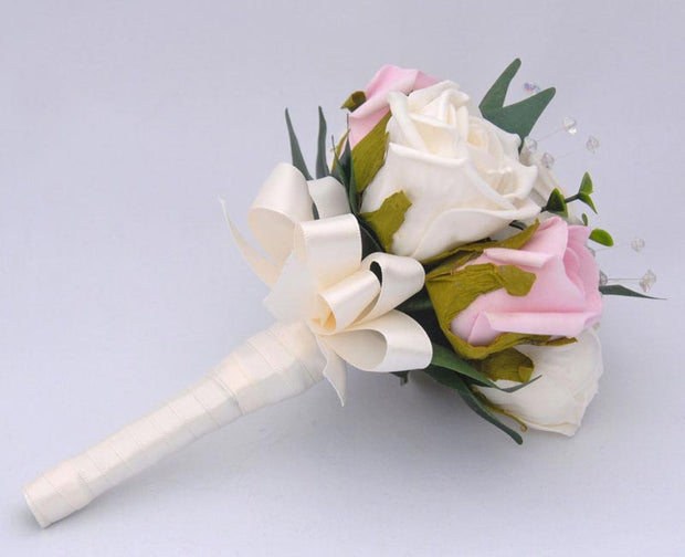 Ivory & Pink Artificial Rose & Crystal Flower Girl Wedding Posy