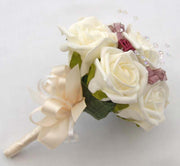 Ivory Rose, Crystal & Burgundy Satin Rose Flower Girl Wedding Posy