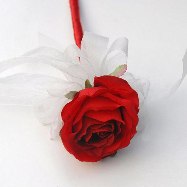 Red Silk Rose & Ivory Organza Ribbon Flower Girl Wedding Wand